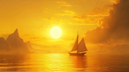 Fototapeta premium A lone sailboat drifting across golden waters as the sun sets in the background 