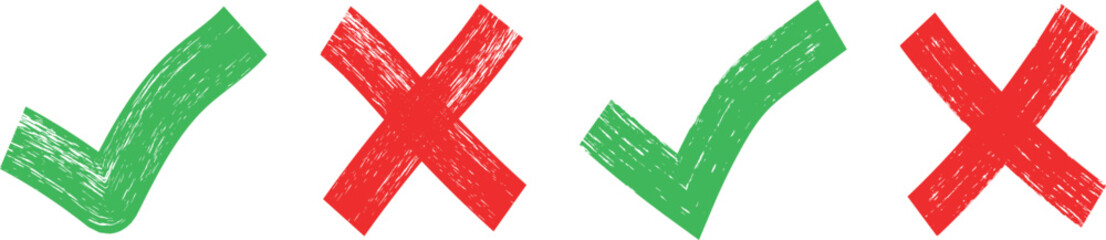 Set of a grunge green check marks and  red cross signs, check marks doodle set. brush correct or incorrect sign. yes and no elements