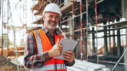 A construction worker in a safety vest and helmet smiles while holding a tablet, giving a thumbs-up at a building site.