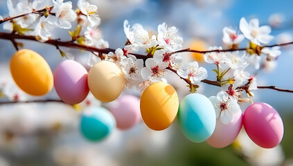 Colorful Easter eggs hang delicately on a blooming cherry blossom branch, symbolizing renewal and celebration during the festive spring season.