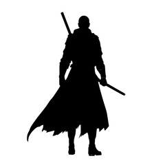 Naklejka premium Silhouette of a Warrior: A dramatic black and white illustration depicts a lone warrior from behind, wielding a katana, his long coat billowing slightly, against a stark white backdrop.