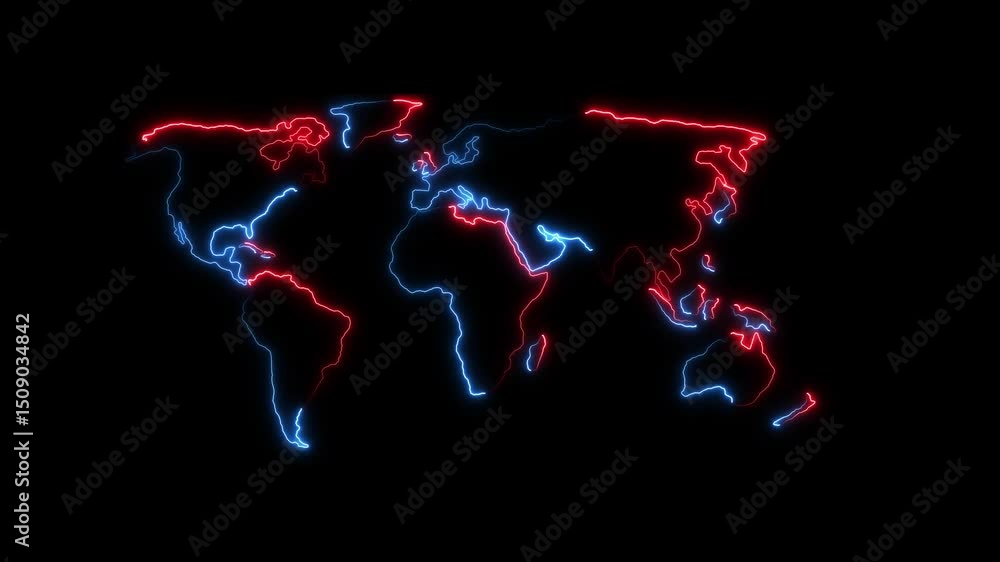 Poster neon glowing cyan world map icon animation in black background, neon world map digital world concept
