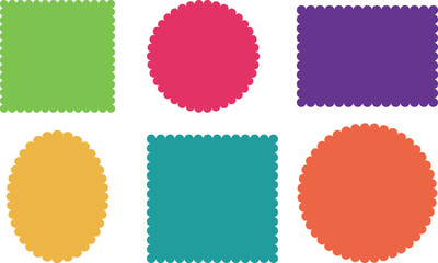 Set of scalloped frames vector collection. Circle, square, oval and rectangle forms with frill lace edges. Scallop labels, Clipart image vector illustration isolated on white background.