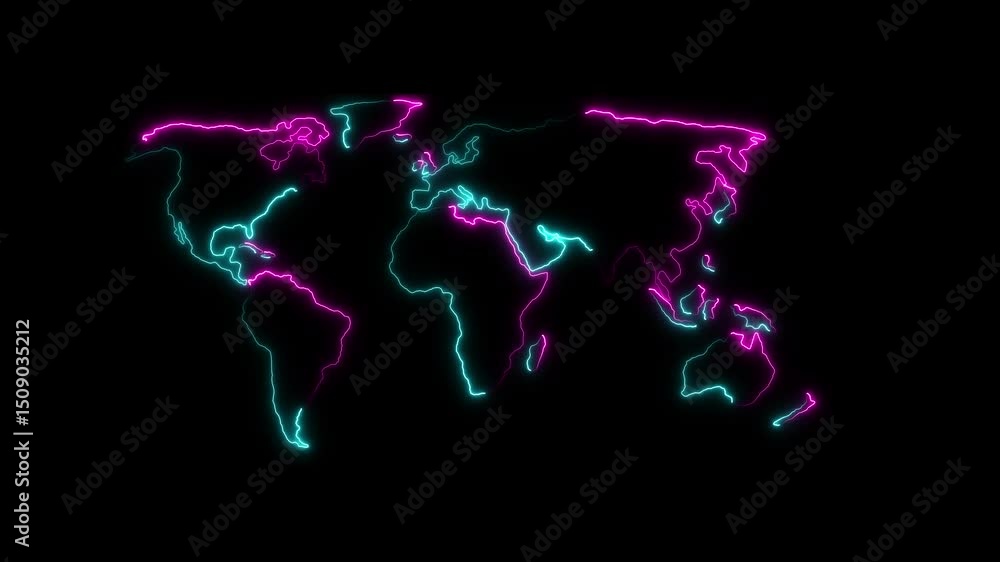 Poster neon glowing cyan world map icon animation in black background, neon world map digital world concept