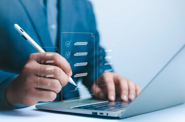 Electronic signature Businessman signs electronic document on digital document on page Electronic...