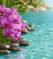 Serene pink orchids by tranquil water zen garden spa