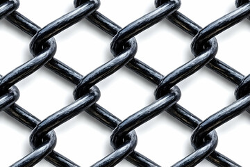 Close-up view of a black chain link fence, showcasing the intricate pattern and robust design. Ideal for industrial, security, or construction themes.