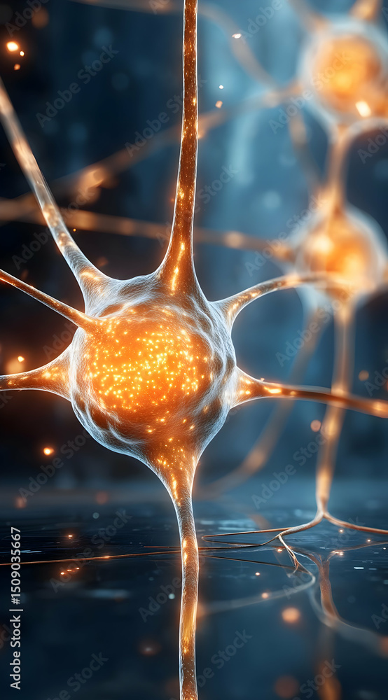 Poster a high-resolution image of a neuron cell, showcasing intricate details and vibrant colors. ideal for