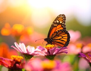 Fototapeta premium Monarch butterfly on pink flowers, sunlit garden