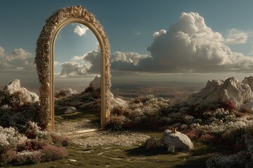 Fototapeta premium Journey Through the Mirror: A surreal scene, a golden-framed archway amidst an expansive landscape of clouds and rocky terrain, inviting viewers to step into a world of dreams.
