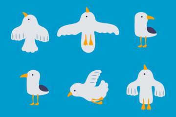 Collection of cute seagull vector illustrations in different flying and standing poses isolated on a background. Suitable for beach, summer, ocean, and kids-themed graphic design. Flat cartoon style.