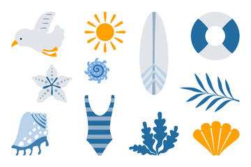 Set of colorful vector illustrations with a beach and sea theme. Includes anchors, starfish, seagulls, seashells, sunscreen, signs, sandcastles, and more. Perfect for summer designs and holidays.