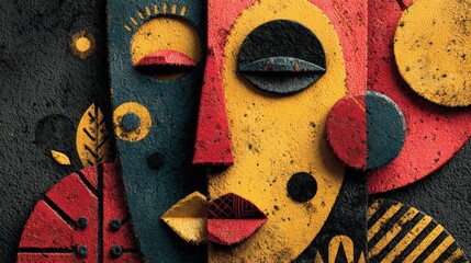 Bold African tribal patterns create vibrant contrast on a dark background