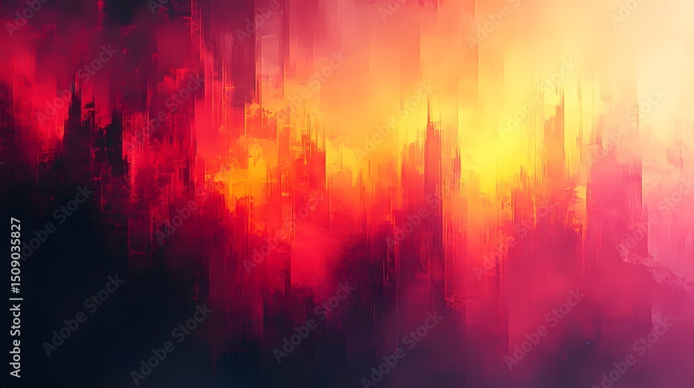 Poster an abstract painting bursts with dynamic color, blending fiery reds and oranges into a radiant yello