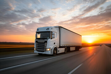 A powerful white truck driving on an open highway at sunset, showcasing the beauty of transport and the freedom of the open road.