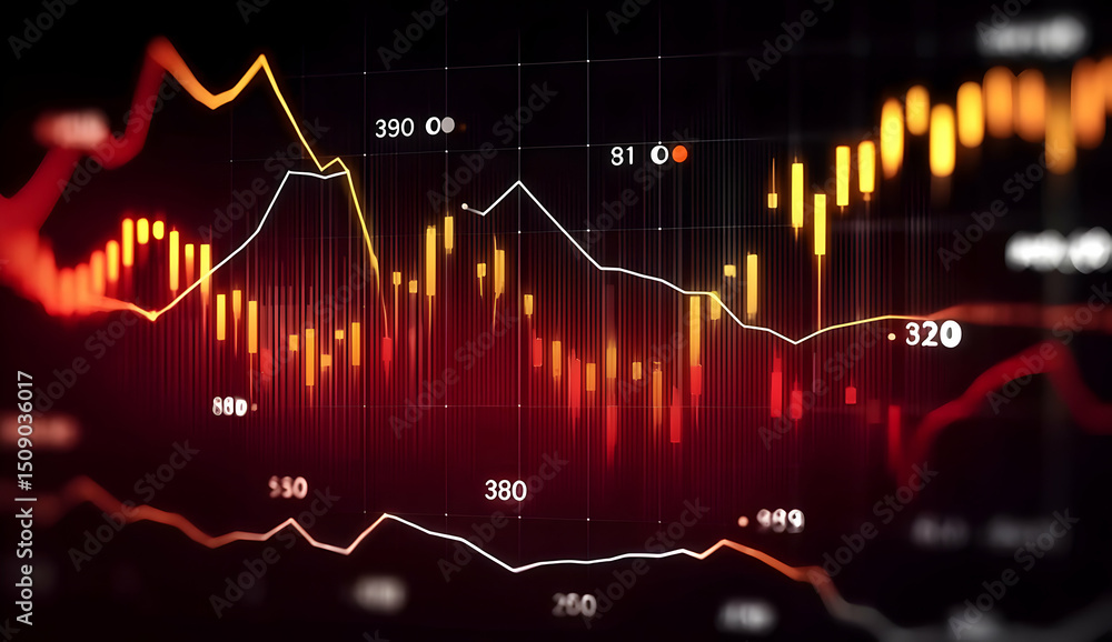 Poster dynamic financial graph depicting market trends with colorful lines and candlesticks showcasing data