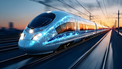 Fototapeta premium A sleek high-speed train illuminated by sunset colors, racing along the tracks. The futuristic design embodies advanced technology and speed.