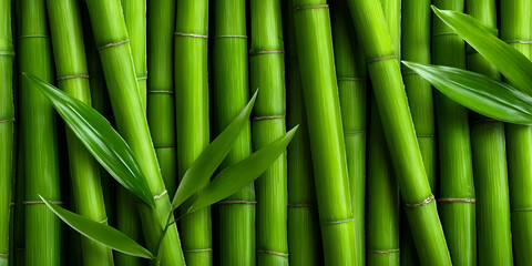 Fototapeta premium A vivid close-up of green bamboo stalks with delicate leaves, showcasing a lush and vibrant natural texture perfect for nature-inspired designs.