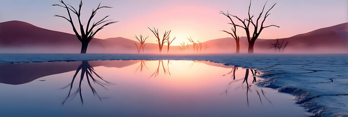 A serene landscape at sunrise featuring barren trees reflected in a calm water body. The ethereal colors create a peaceful and tranquil atmosphere.
