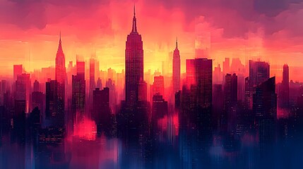 An abstract cityscape silhouetted against a fiery sunset creates a dramatic visual, with deep blues transitioning to hot reds and oranges, embodying an urban abstract theme.