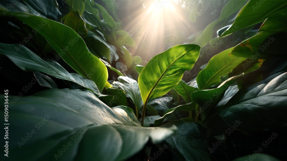 Poster sunlight streams through a dense canopy, illuminating vibrant green leaves below. the warm glow enha