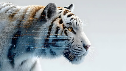 Naklejka premium A majestic white tiger captured in a stunning profile, showcasing its striking features and piercing gaze. Perfect for nature enthusiasts and wildlife lovers.