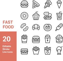 Outlined icons showcase burger, pizza, donut, and ice cream on a transparent background