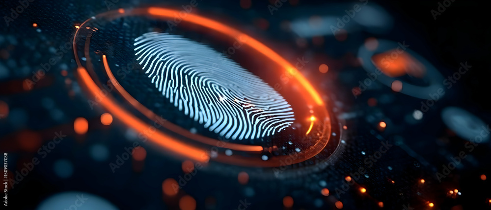 Poster a futuristic fingerprint scan surrounded by glowing particles, symbolizing advanced technology and s