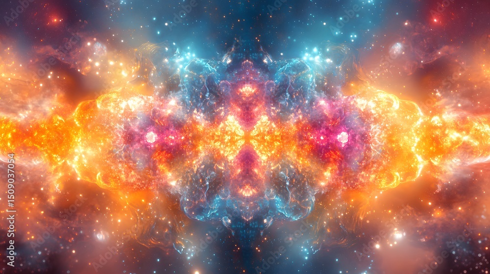 Aufkleber A celestial abstract theme featuring a vibrant and symmetrical composition of swirling nebulae. Dynamic colors evoke a sense of wonder and cosmic energy, creating a visually captivating display.