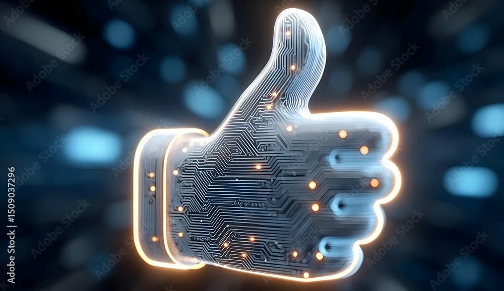 Poster a futuristic thumbs-up symbol integrated with circuit patterns, symbolizing approval and innovation 