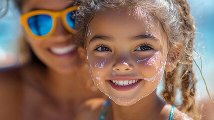 A loving mother gently applying sunscreen to her young daughter’s cheeks at a sunny beach. The little girl squints slightly and giggles as the mother carefully spreads the lotion. --ar 16:9 --styliz