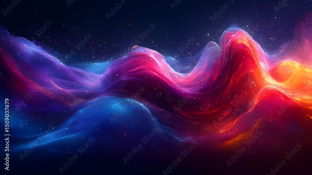 Poster A captivating abstract scene featuring a celestial vista where nebulae intertwine with stardust, creating a mesmerizing gradient of blue, purple, red and gold, evoking a cosmic wonder.