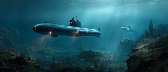 Fototapeta premium Dramatic underwater scene with submarines for ocean exploration design and marine concepts