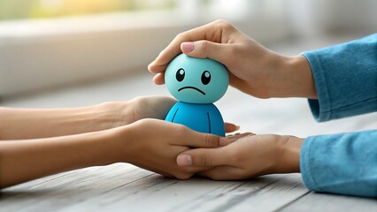 a pair of comforting hands holding a sad 3d figure for World Mental Health Day