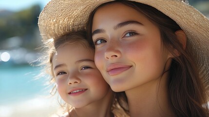 A loving mother gently applying sunscreen to her young daughterâ€™s cheeks at a sunny beach. The little girl squints slightly and giggles as the mother carefully spreads the lotion. --ar 16:9 --styliz