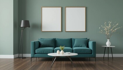 Contemporary living room featuring an aqua-colored sofa, framed wall art, and stylish accents against a soft green wall backdrop.