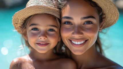 A loving mother gently applying sunscreen to her young daughterâ€™s cheeks at a sunny beach. The little girl squints slightly and giggles as the mother carefully spreads the lotion. --ar 16:9 --styliz