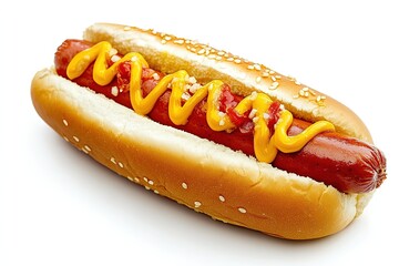 Appetizing hot dog in sesame seed bun with mustard and relish