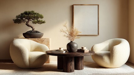 Tranquil living room featuring cozy armchairs, a wooden coffee table, a framed artwork, and a bonsai tree, creating a harmonious interior design.