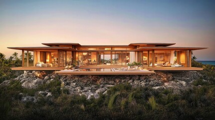 Luxury beachfront villa sunset ocean view, tropical paradise resort