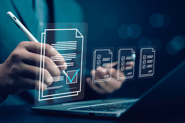 Business Performance Checklist Businessman Using Laptop Doing Online Checklist Survey On Computer...