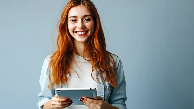 Smiling red haired woman using tablet computer against gray background, happy and casual.