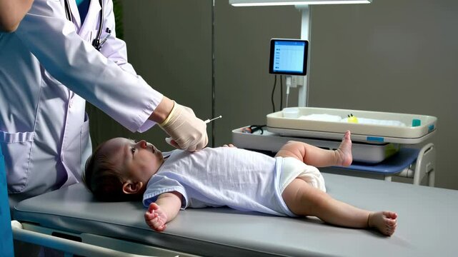 Pediatrician administering vaccination to infant lying on examination table in clinic