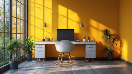 Bright yellow home office with a large window, plants, and modern desk creates a warm and inviting workspace with natural light.