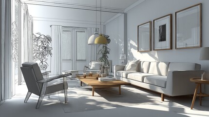 Modern living room design concept blending line drawing with a finished rendering, showcasing interior decor and light.