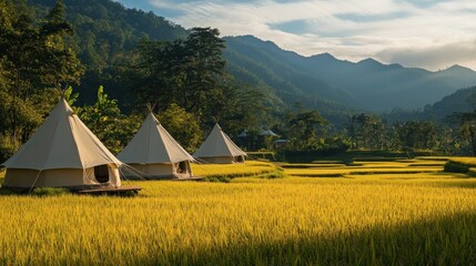 A candlelit dining table under a thatched-roof pavilion, placed in the middle of a peaceful rice field