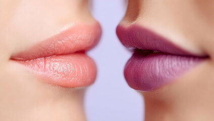 Obraz premium Close-up view of two pairs of lips showcasing vibrant lipstick colors, symbolizing beauty and self-expression in makeup artistry.