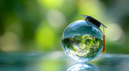 A creatively designed glass globe featuring a graduation cap, symbolizing the union of education and the environment, reflecting nature beautifully.