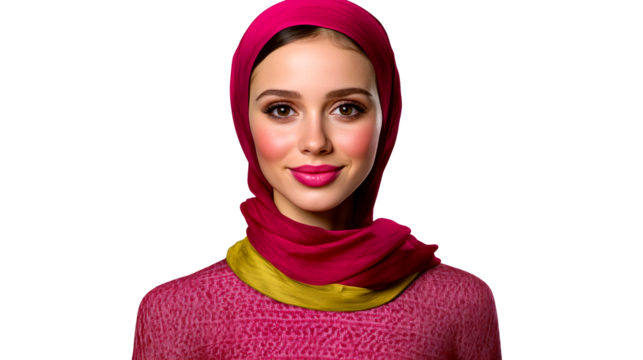 Woman smiles wearing pink hijab and matching top, cut out transparent