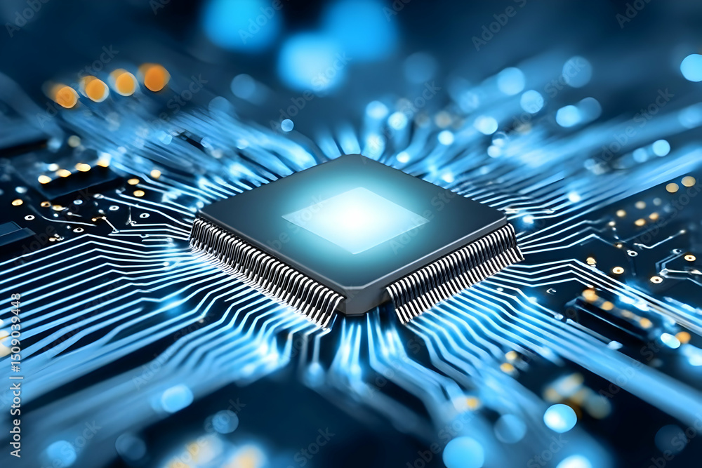 Poster a close-up of a microprocessor on a circuit board, showcasing intricate details and glowing elements